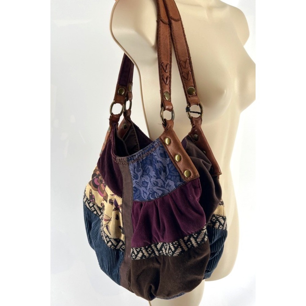 Vtg Y2K Lucky Brand Patchwork Hobo Bag Boho Velvet Italian Leather Shoulder Tote